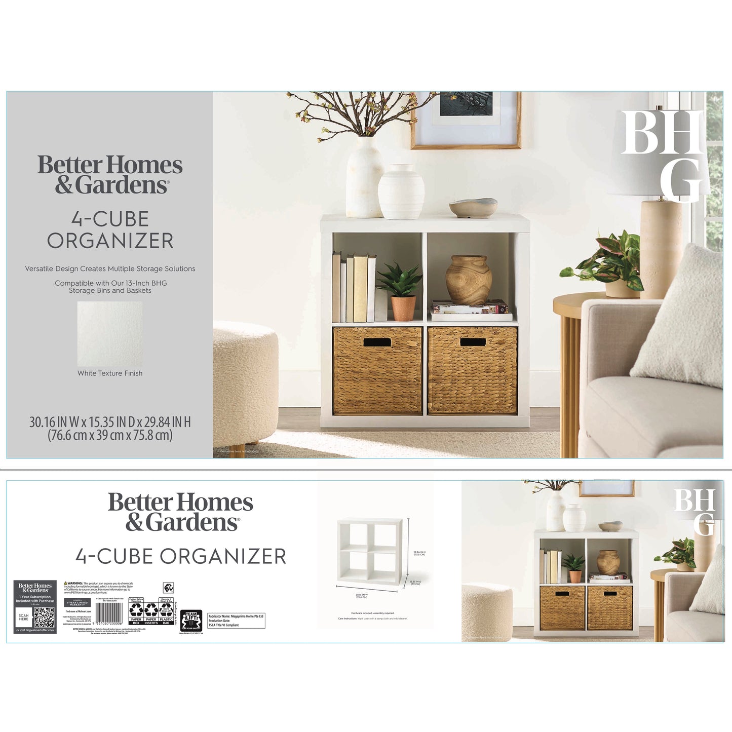 Better Homes & Gardens 4-Cube Storage Organizer – Stylish & Functional Shelving (White Texture) - HomeMuse