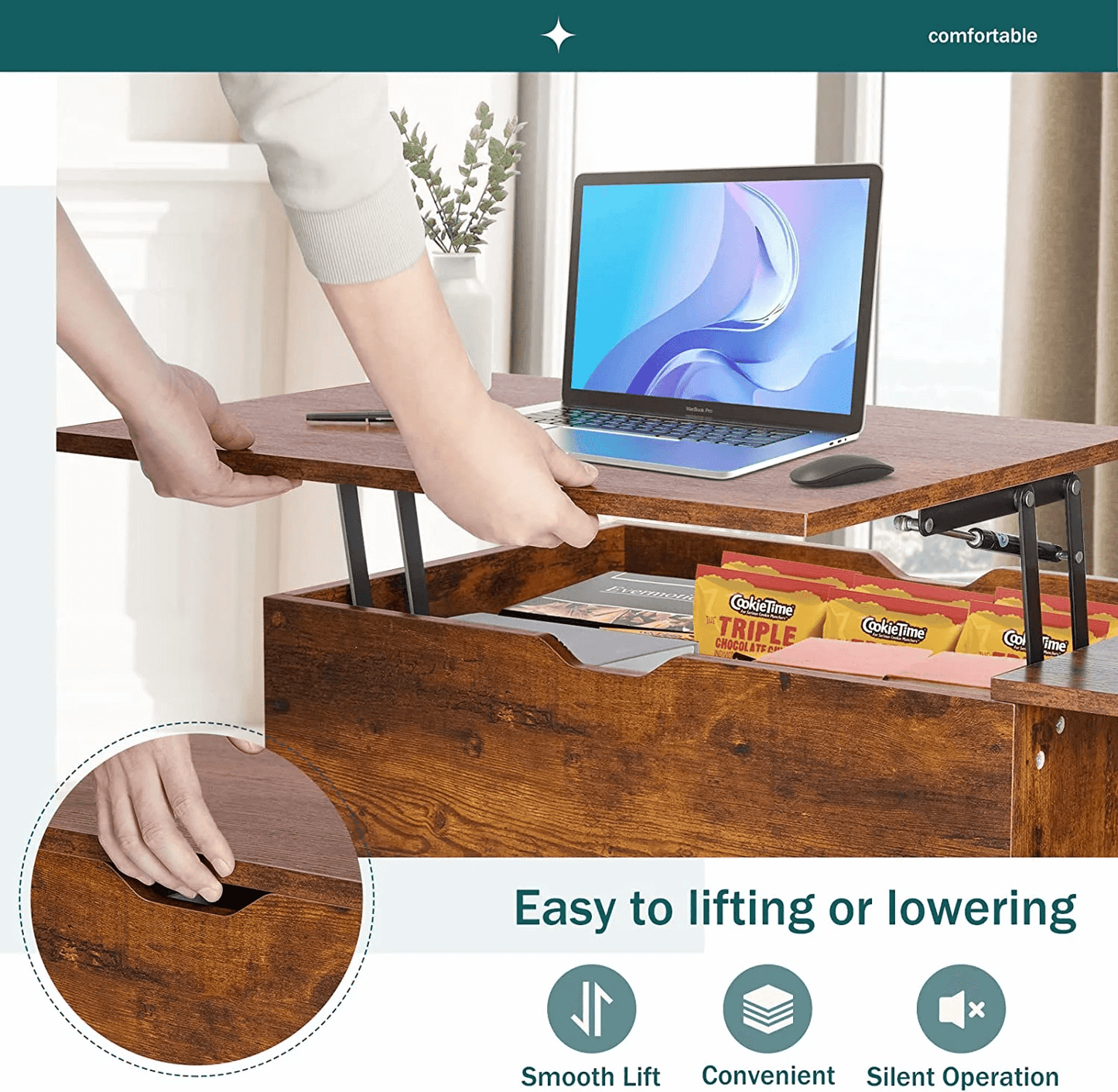 EDX Adjustable Height Wooden Coffee Table – Stylish & Functional Storage (Rust Brown) - HomeMuse