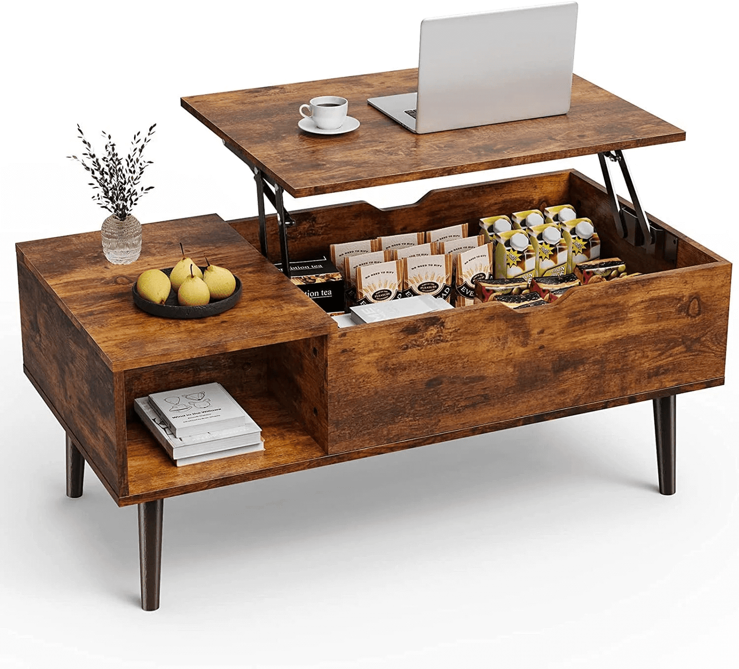 EDX adjustable height wooden coffee table in rustic brown with lift-top storage