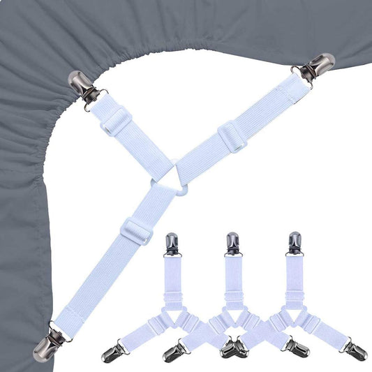 Bed Sheet Holders (4-Pack) | Triangle Adjustable Elastic Straps | Fitted Sheet Corner Fasteners | No-Slip Grippers | White - HomeMuse