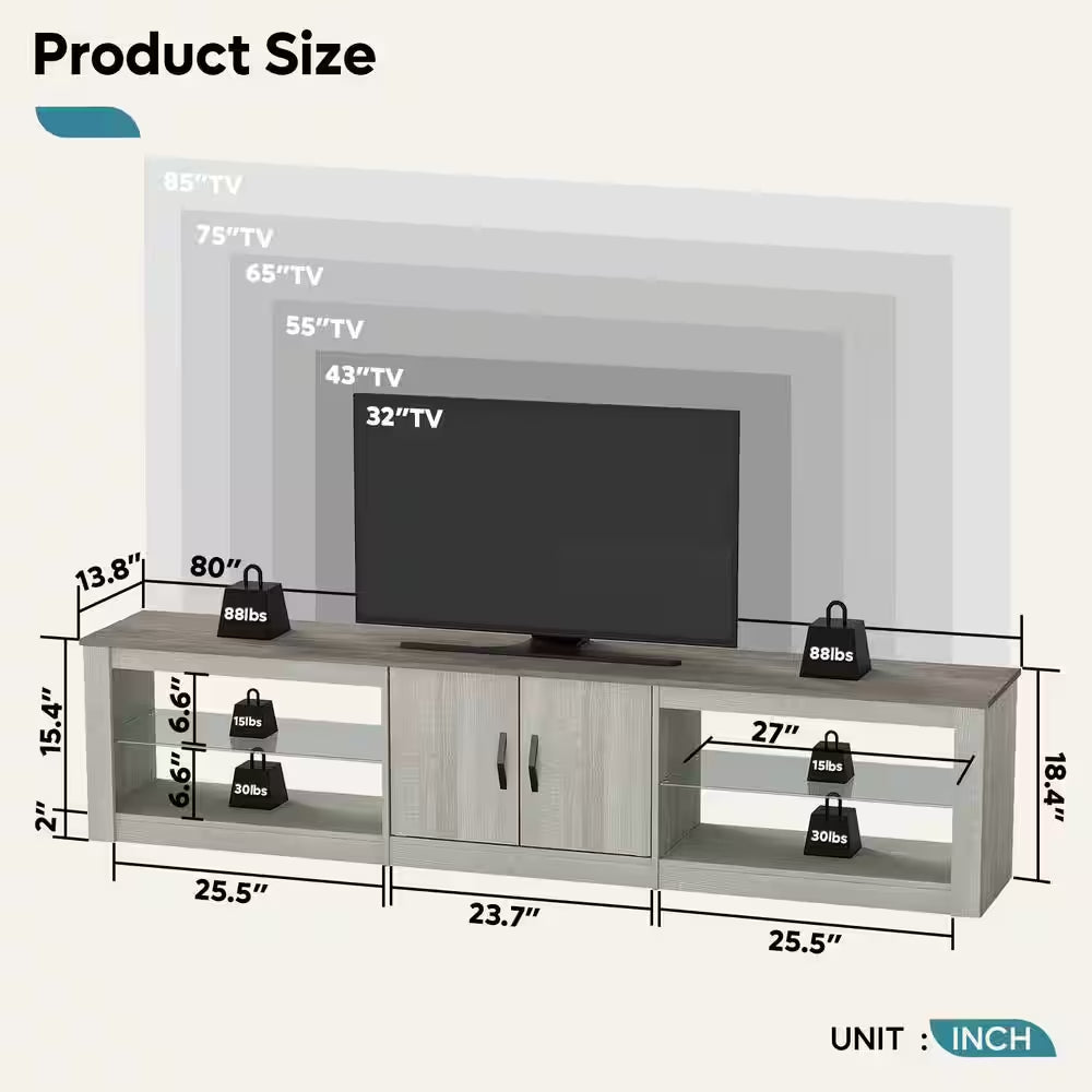 80" Light Grey TV Stand for TVs up to 85" | Modern Entertainment Center with Cabinets & Adjustable Glass Shelves | Sleek Minimalist Design