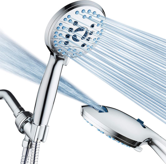 Aquacare High Pressure 8-Mode Handheld Shower Head - Anti-Clog Nozzles, Built-In Power Wash to Clean Tub, Tile & Pets, Extra Long 6 Ft. Stainless Steel Hose, Wall & Overhead Brackets - HomeMuse