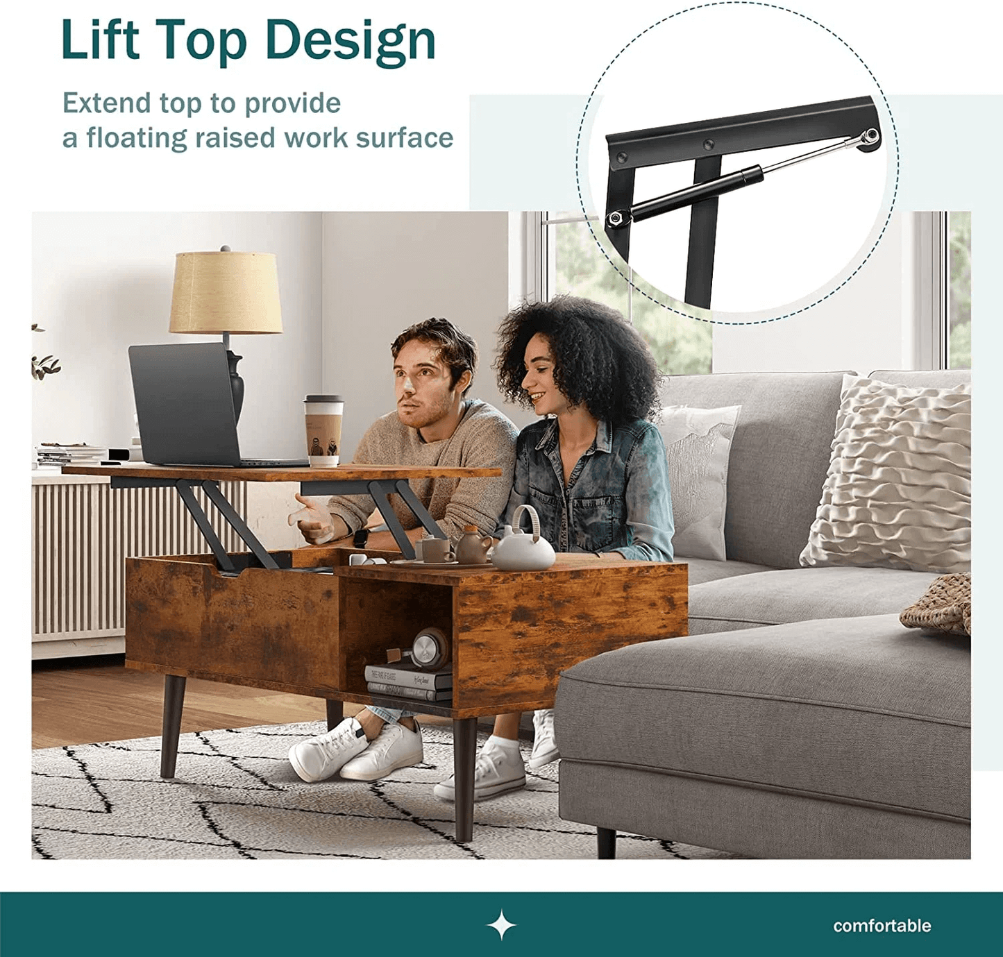 EDX Adjustable Height Wooden Coffee Table – Stylish & Functional Storage (Rust Brown) - HomeMuse