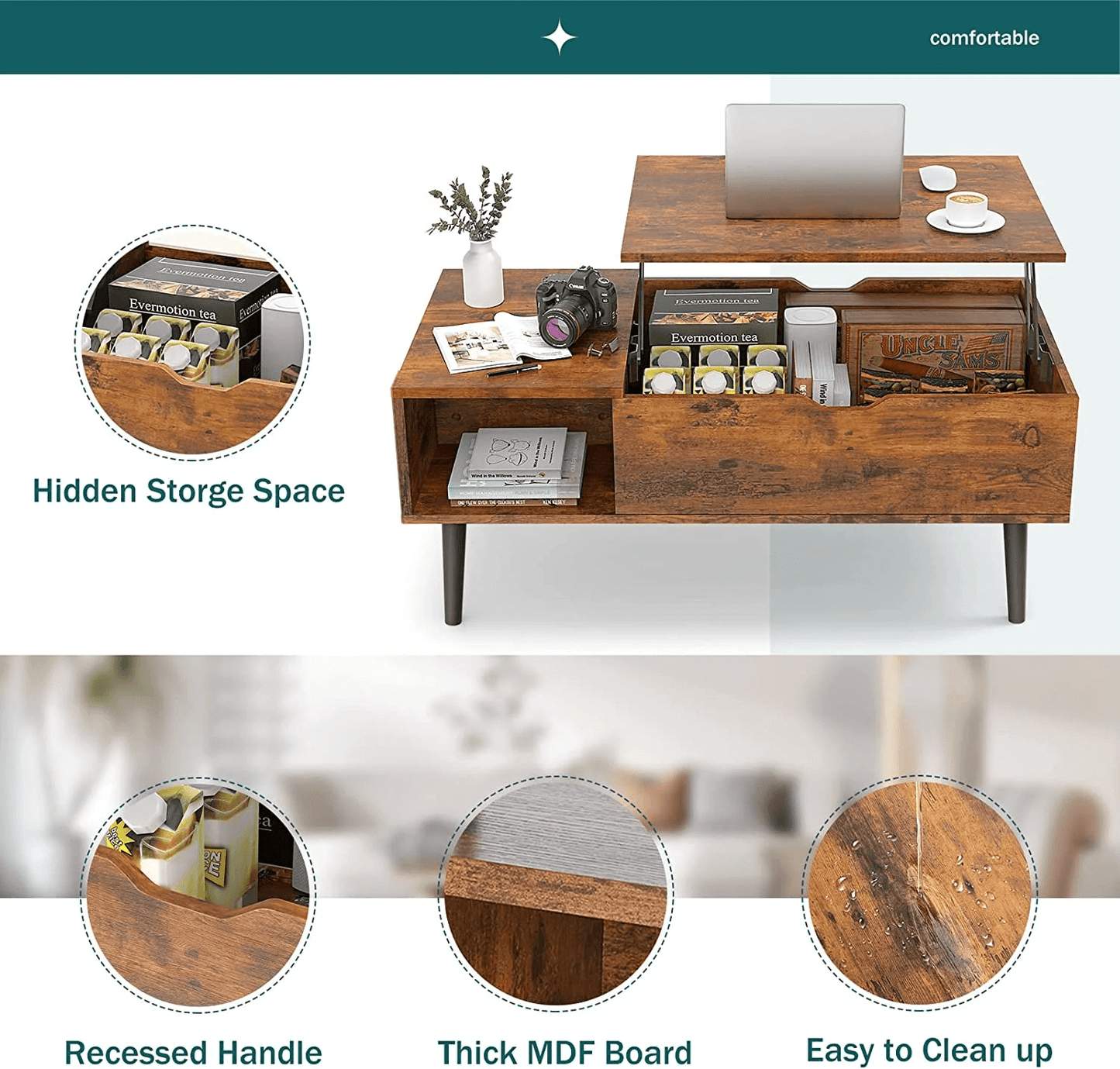 EDX Adjustable Height Wooden Coffee Table – Stylish & Functional Storage (Rust Brown) - HomeMuse