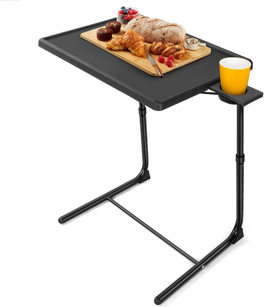 LORYERGO Adjustable TV Tray Table – 6-Height Folding Table with Tilt Angles & Cup Holder for Couch, Bed & Laptop Use
