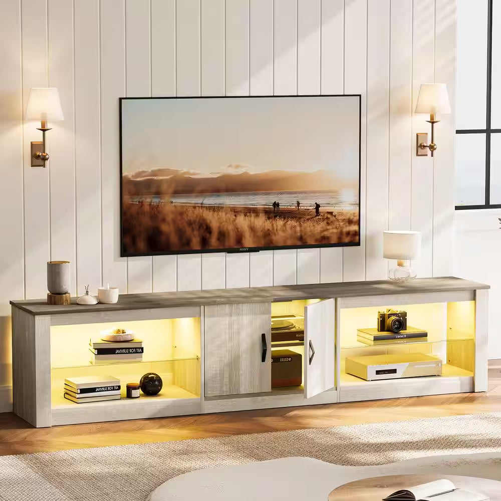 80" Light Grey TV Stand for TVs up to 85" | Modern Entertainment Center with Cabinets & Adjustable Glass Shelves | Sleek Minimalist Design