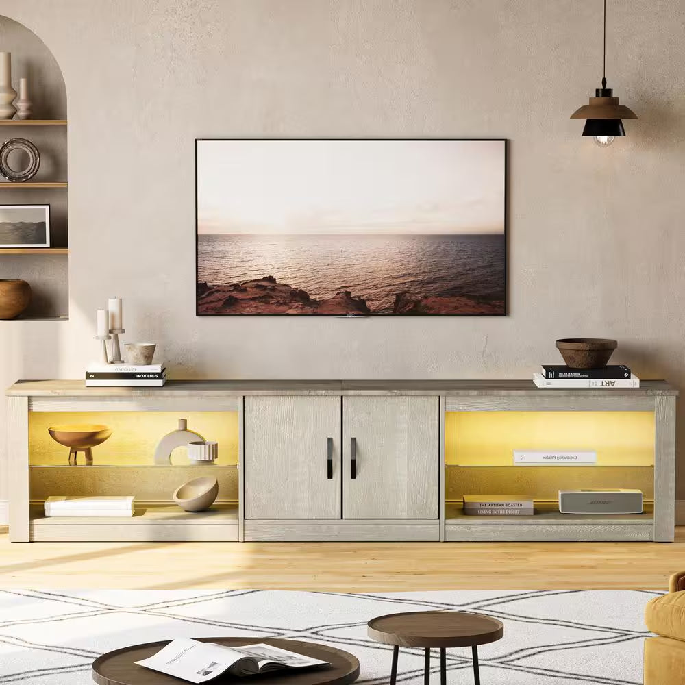 80" Light Grey TV Stand for TVs up to 85" | Modern Entertainment Center with Cabinets & Adjustable Glass Shelves | Sleek Minimalist Design