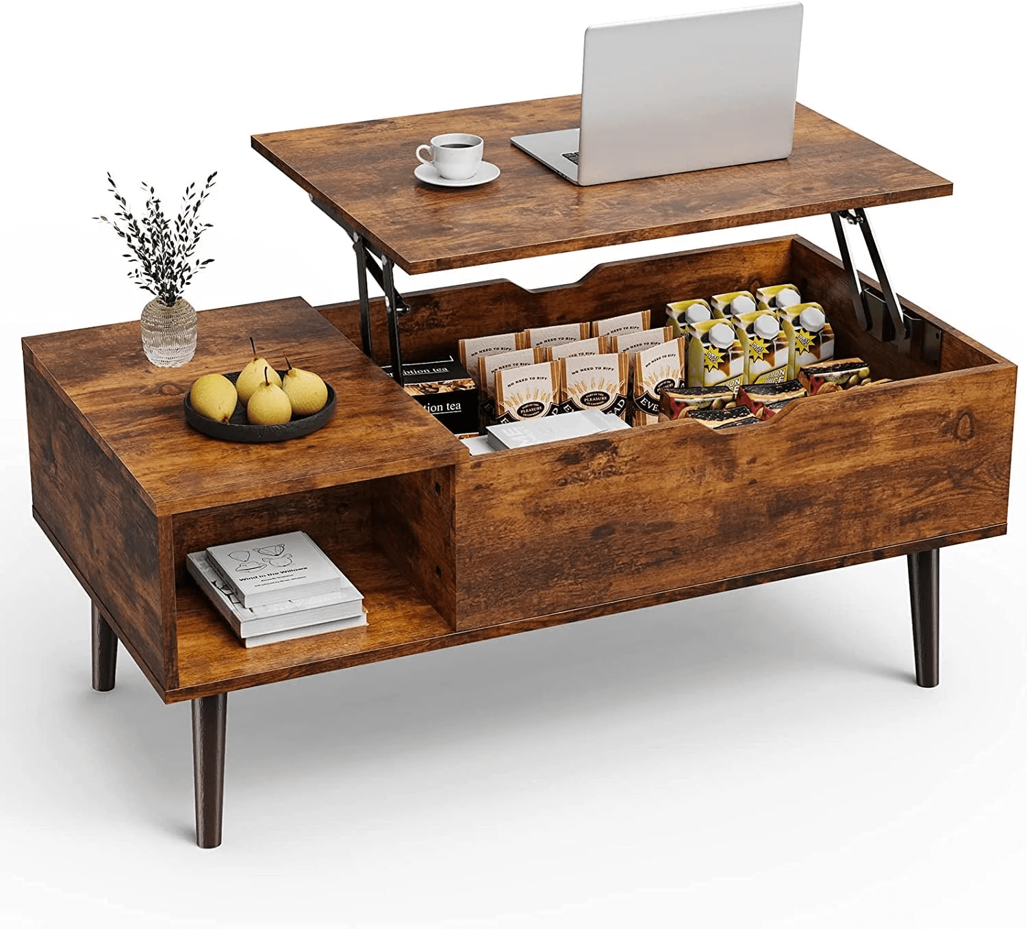 EDX adjustable height wooden coffee table in rustic brown with lift-top storage